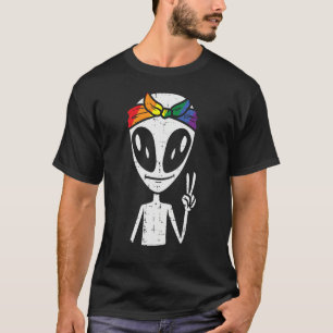 Gay Pride Alien Peace  Rainbow Flag Lgbt Women Gir T-Shirt