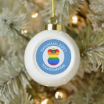 Gay Pride Black Angel Hanukkah Flag Personalized  Ceramic Ball Christmas Ornament<br><div class="desc">African angel dressed in the Gay Pride Rainbow Flag on this ceramic ball ornament for Hanukkah decor. The African Gay Pride angel flies in the centre of a circle of white squiggly squares surrounded by a background of blue squiggly squares for Hanukkah. Add your own text, or, personalize with a...</div>