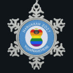 Gay Pride Black Angel Hanukkah Flag Personalized  Snowflake Pewter Christmas Ornament<br><div class="desc">African angel dressed in the Gay Pride Rainbow Flag on this snowflake pewter ornament for Hanukkah decor. The African Gay Pride angel flies in the centre of a circle of white squiggly squares surrounded by a background of blue squiggly squares for Hanukkah. Add your own text, or, personalize with a...</div>
