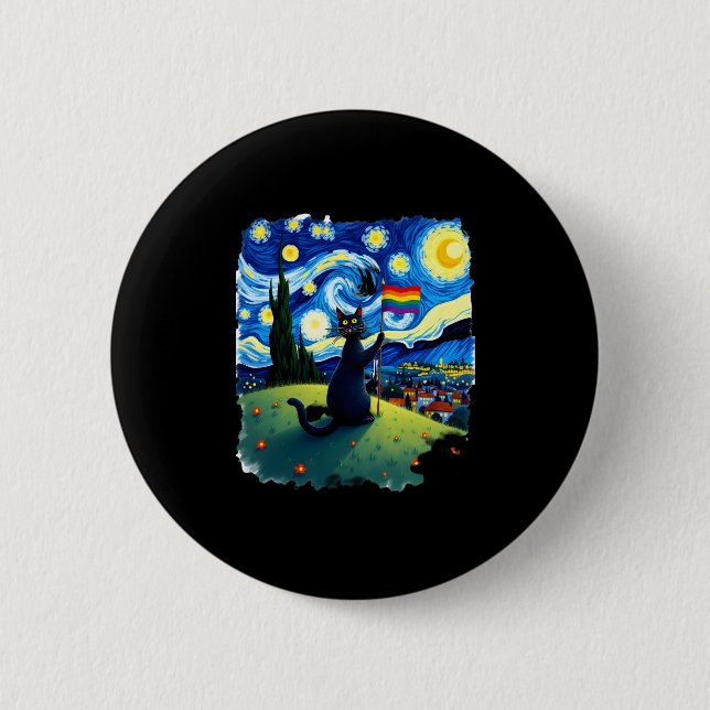 Gay Pride Cat Art Cat Starry Night Style LGBTQ Pri 2 Inch Round Button (Front)