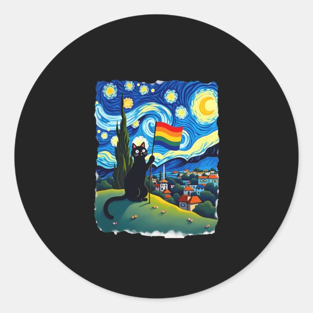 Gay Pride Cat Art Cat Starry Night Style LGBTQ Pri Classic Round Sticker (Front)
