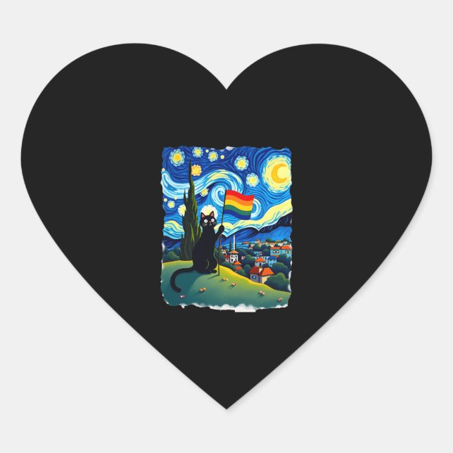 Gay Pride Cat Art Cat Starry Night Style LGBTQ Pri Heart Sticker (Front)