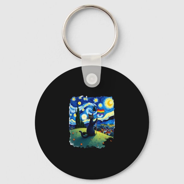 Gay Pride Cat Art Cat Starry Night Style LGBTQ Pri Keychain (Front)
