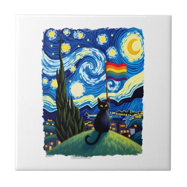 Gay Pride Cat Art Cat Starry Night Style LGBTQ Pri Tile (Front)