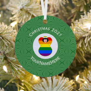 Gay Pride Flag Christmas Angel Name Year Metal Ornament