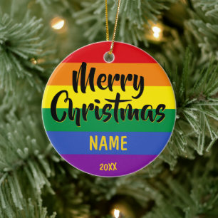 Gay Pride LGBT Rainbow Personalized Christmas Cera Ceramic Ornament