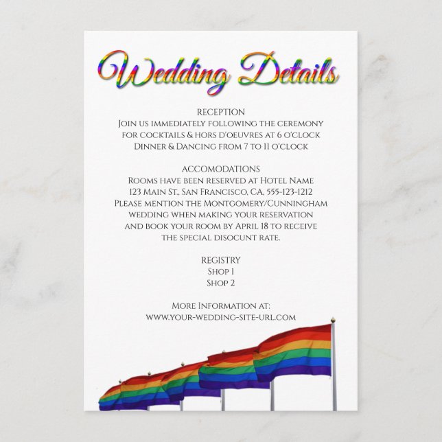 Gay Pride LGBTQ Rainbow Flags Wedding Details Enclosure Card (Front)