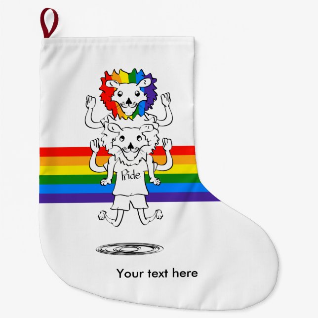 Gay Pride Lion Funny Cartoon Large Christmas Stocking (Front)
