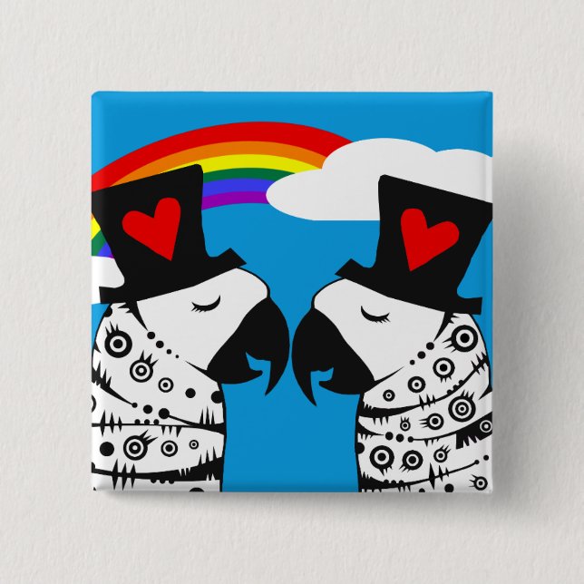 Gay Pride Parrots with Rainbow 2 Inch Square Button (Front)