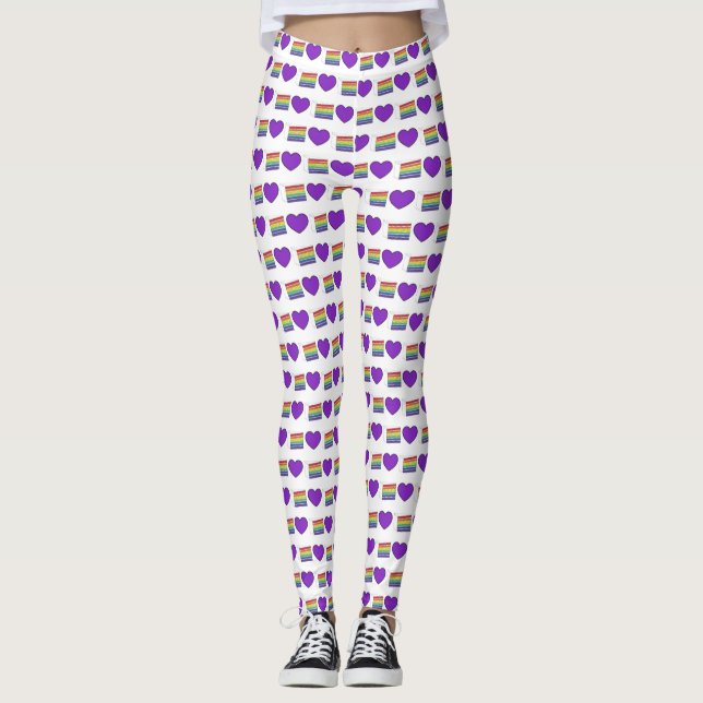 Gay Pride Purple Heart Rainbow Wedding Cake Love Leggings (Front)