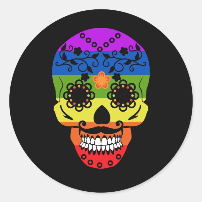 Gay Pride Rainbow Flag Sugar Skull Classic Round Sticker (Front)