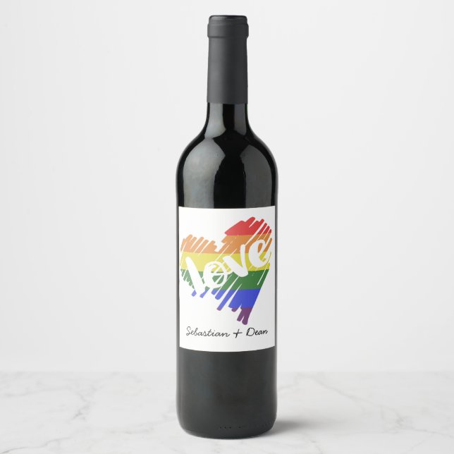 Gay Pride Rainbow Love Heart Personalized Wine Label (Front)