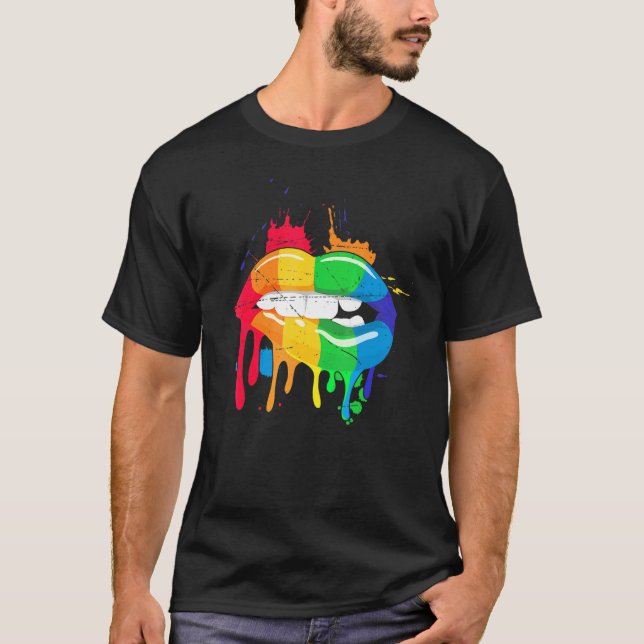 Gay Pride Rainbow Pride Month Kissing Lips Proud L T-Shirt (Front)