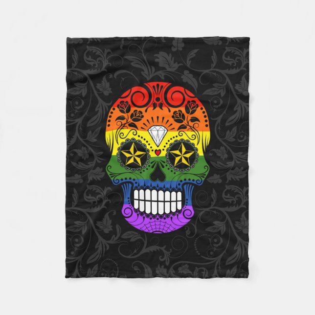 Gay Pride Rainbow Sugar Skull with Roses Fleece Blanket (Front)