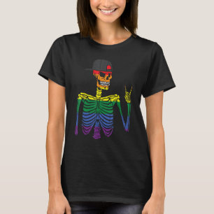 Gay Pride Rocker Skeleton Rainbow Flag Lgbtq Rock  T-Shirt