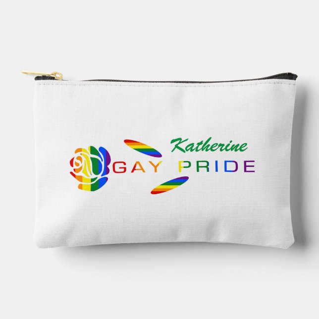 Gay Pride Rose Rainbow Flag Personalized Name Accessory Pouch (Front)