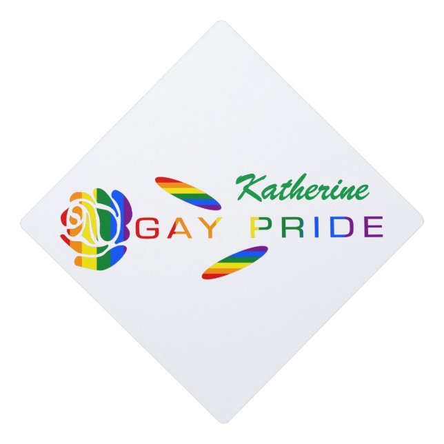 Gay Pride Rose Rainbow Flag Personalized Name Graduation Cap Topper (Front)