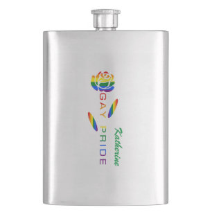 Gay Pride Rose Rainbow Flag Personalized Name Hip Flask