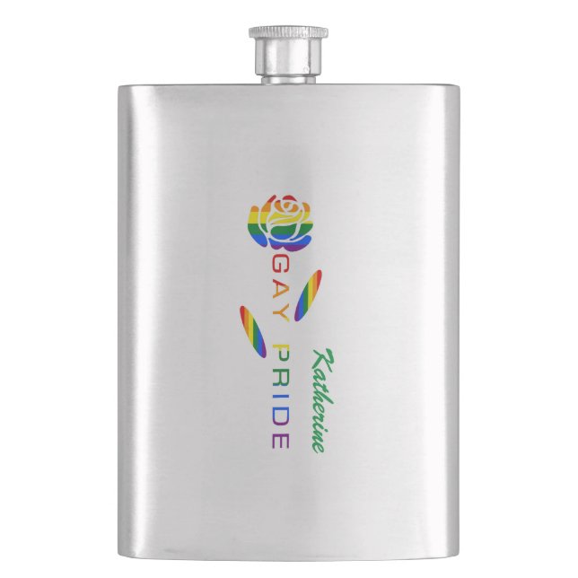 Gay Pride Rose Rainbow Flag Personalized Name Hip Flask (Front)