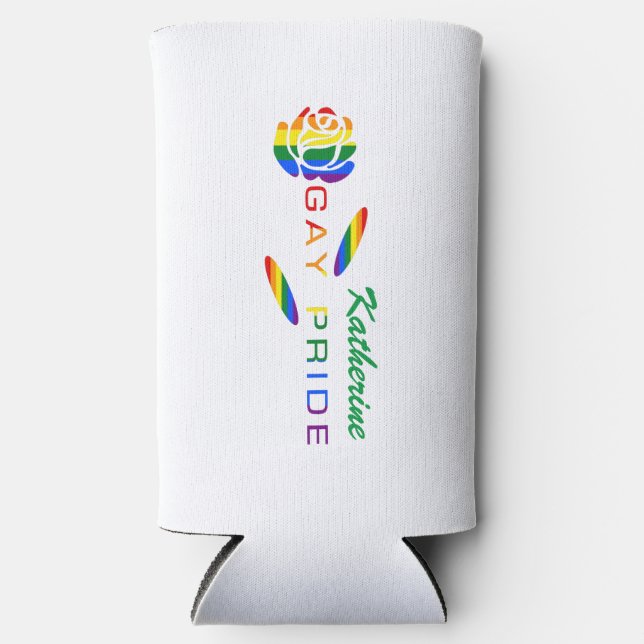 Gay Pride Rose Rainbow Flag Personalized Name Seltzer Can Cooler (Front)