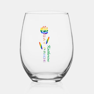 Gay Pride Rose Rainbow Flag Personalized Name Stemless Wine Glass