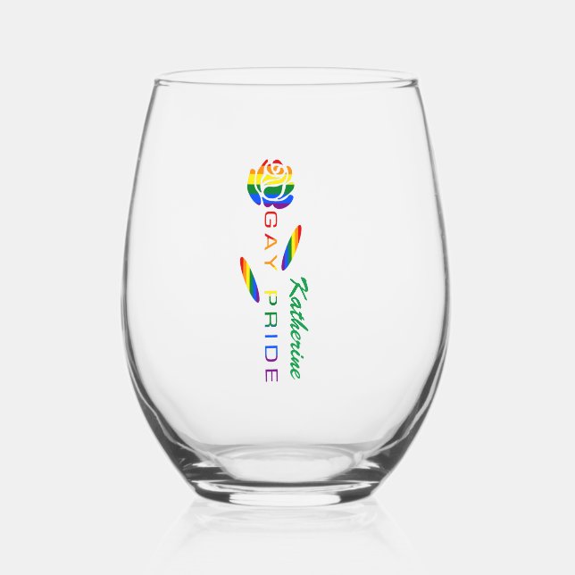 Gay Pride Rose Rainbow Flag Personalized Name Stemless Wine Glass (Front)