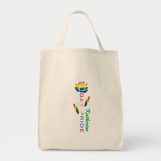 Gay Pride Rose Rainbow Flag Personalized Name Tote Bag (Front)