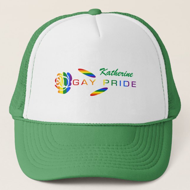 Gay Pride Rose Rainbow Flag Personalized Name Trucker Hat (Front)