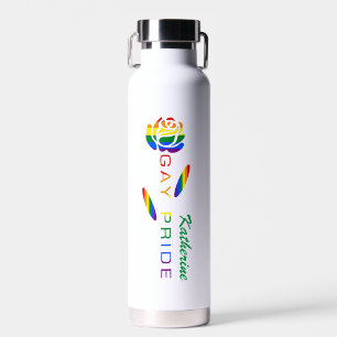 Gay Pride Rose Rainbow Flag Personalized Name Water Bottle