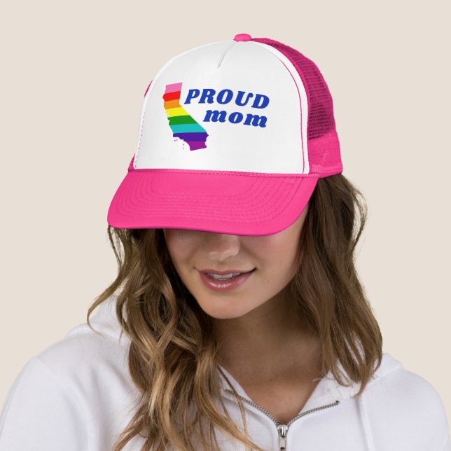 Gay Pride Stripes on California Rainbow Proud Mom Trucker Hat (In Situ)