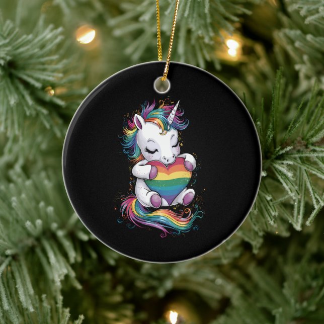 Gay Pride Unicorn Heart Rainbow Flag Lgbt  Ceramic Ornament (Tree)