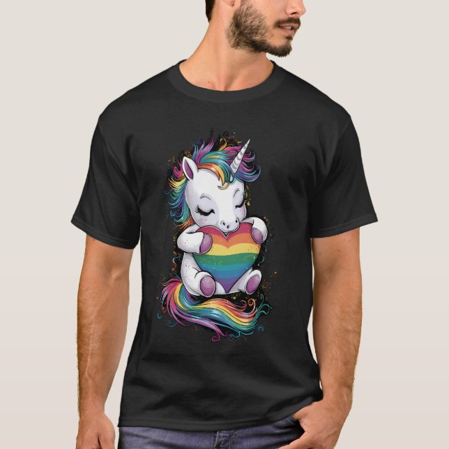 Gay Pride Unicorn Heart Rainbow Flag Lgbt  T-Shirt (Front)