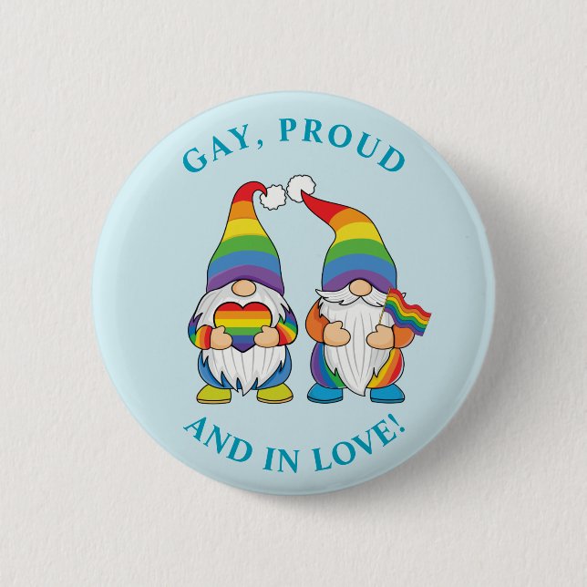 Gay, Proud and In Love - Two Rainbow Boy Gnomes 2 Inch Round Button (Front)