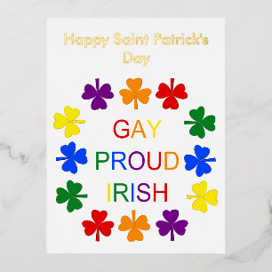Gay Proud Irish LGBT Rainbow Shamrocks Custom Foil Holiday Postcard