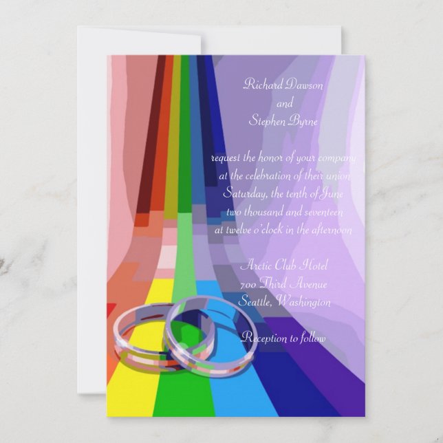 Gay Rainbow and Rings Wedding Invitation (Front)