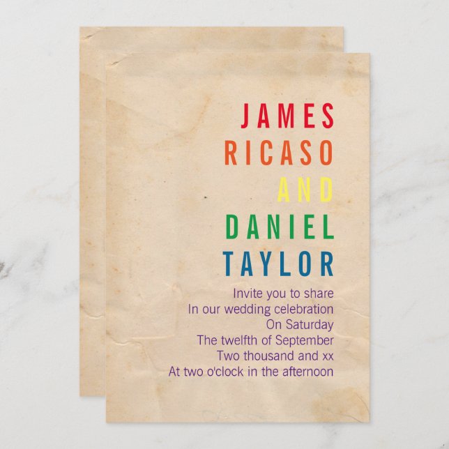 Gay Rainbow Text Antique Paper Wedding Invitation (Front/Back)