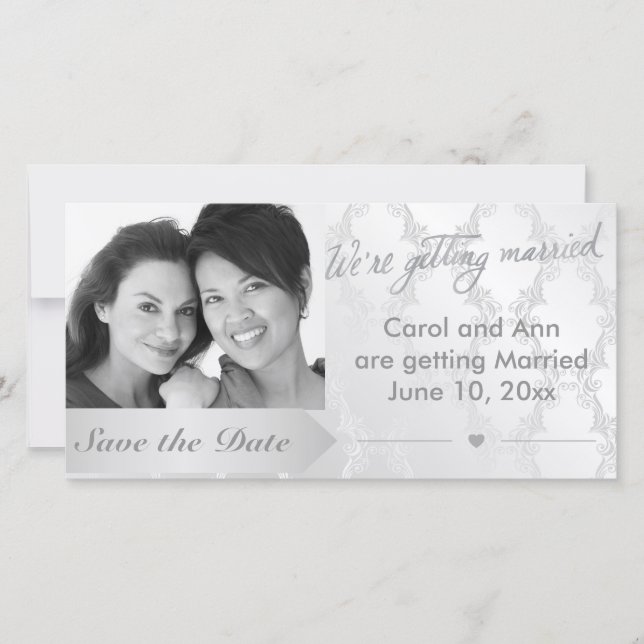 Gay Silver Damask Wedding Photo Save the Date (Front)