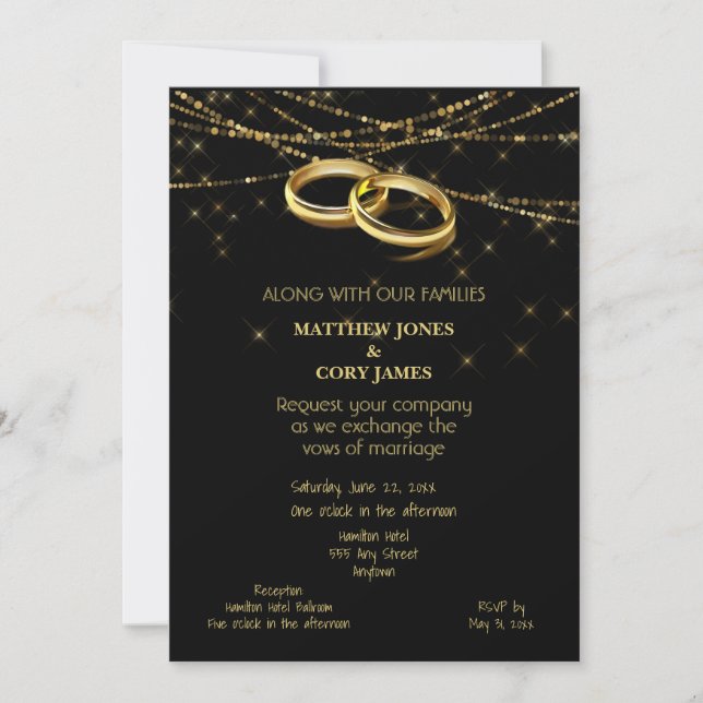 Gay Sparkling Lights and Gold Wedding Rings (Front)