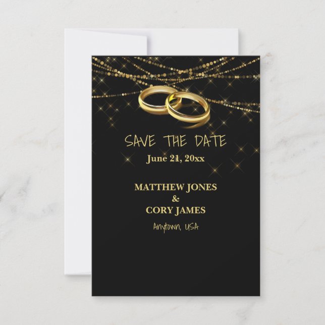 Gay Sparkling Lights and Gold Wedding Rings  Save The Date (Front)