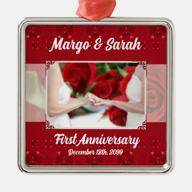 Gay Wedding 1st Anniversary Red Roses Metal Ornament (Front)