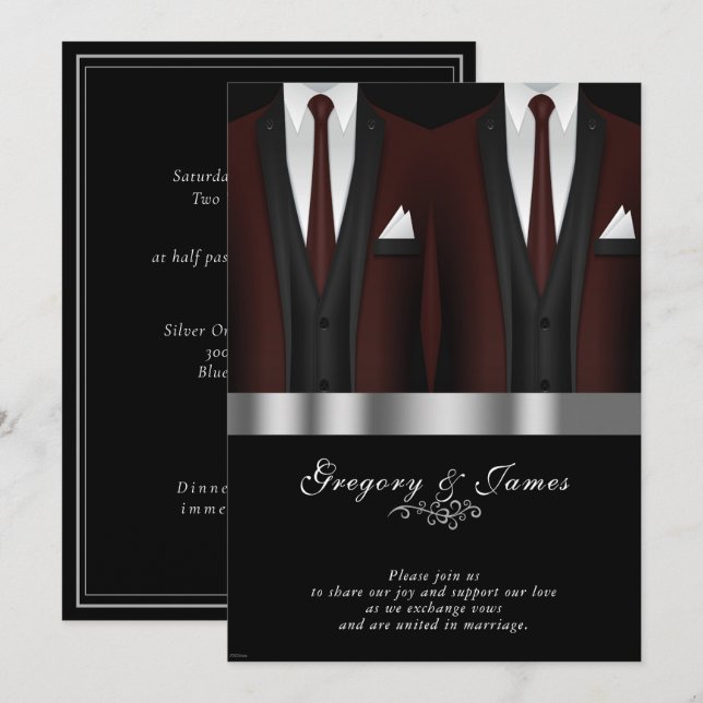  Gay Wedding Burgundy Tuxedo Silver Black Invitation (Front/Back)