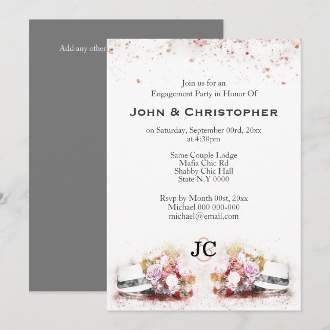 Gay wedding chic hat floral watercolor mens invitation (Front/Back)