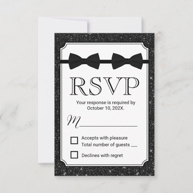Gay Wedding Double Bow Ties Black Glitter RSVP (Front)