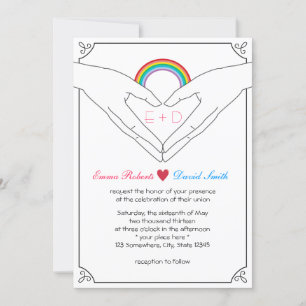 Gay Wedding Elegant Hand Heart & Rainbow  Invitation