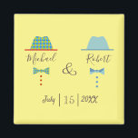Gay Wedding Favour Magnet<br><div class="desc">Simple,  modern,  colourful pastel,  unique gay wedding favour magnet,  with names and chic cartoon hats and bow ties.</div>