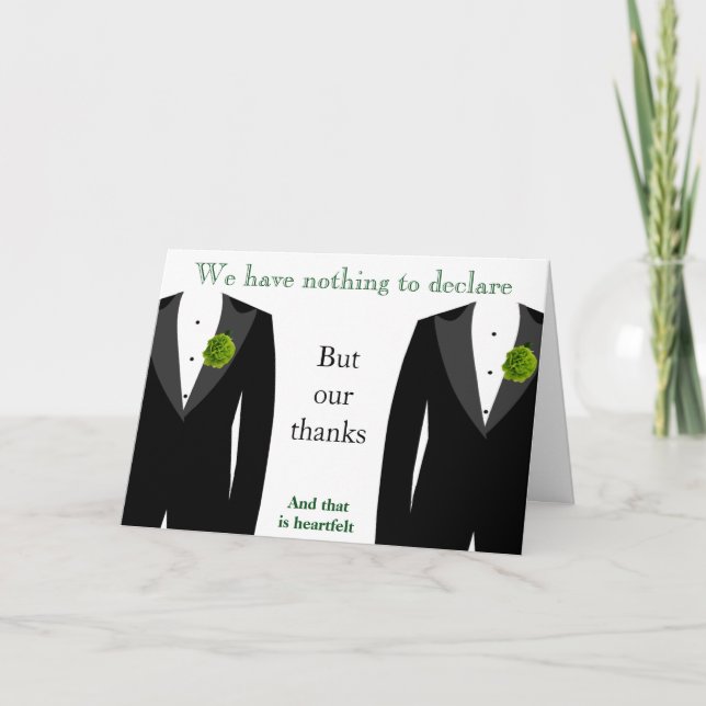Gay Wedding Green Carnation Grooms' Thank You Card (Front)