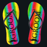 Gay Wedding Groom Moustache Rainbow Stripes Custom Flip Flops<br><div class="desc">Customise it to change groom to any text,  ie: best man,  groomsman,  that suits you or delete the text if not needed. Fully customizable.</div>