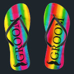 Gay Wedding Groom Moustache Rainbow Stripes Custom Flip Flops<br><div class="desc">Customise it to change groom to any text,  ie: best man,  groomsman,  that suits you or delete the text if not needed. Fully customizable.</div>
