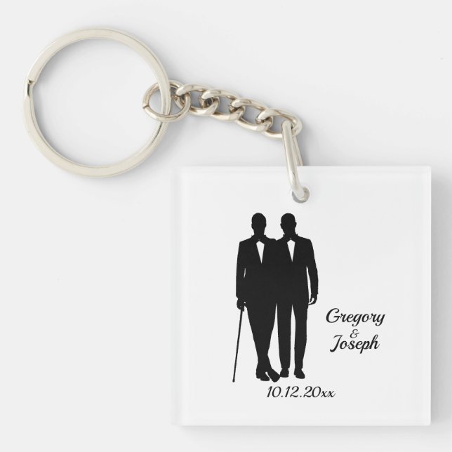 Gay Wedding Grooms with Names and Date Keychain (Front)