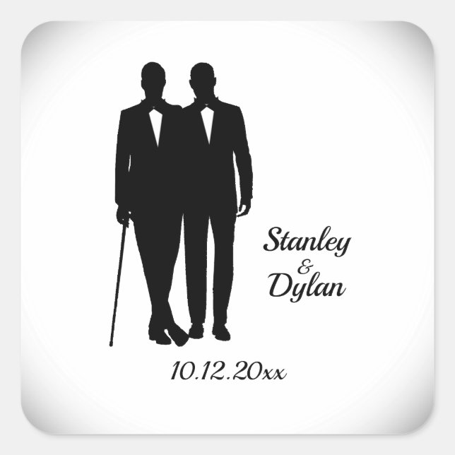 Gay Wedding Grooms with Names and Date Square Sticker (Front)
